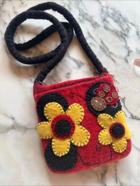 Nepal Felted Wool Floral Ladybug Crossbody Bag Red Boho